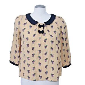 Etam Paris Weekend Blouse Womens US 8 Yellow Floral Peter Pan Collar Euro 38
